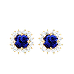 Brilliant Cut Lab Created Blue Sapphire Stud Earrings with Diamond Halo