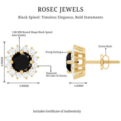 Natural Black Spinel Diamond Stud Earrings with Screw Back