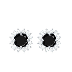 Certified Natural Black Onyx Stud Earrings with Diamond Halo
