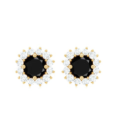 Certified Natural Black Onyx Stud Earrings with Diamond Halo