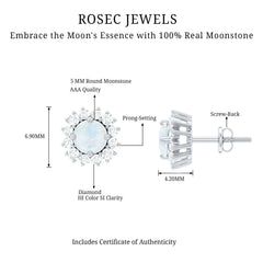 Genuine 0.7 Carat Moonstone Stud Earrings with Diamond Halo
