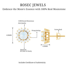 Genuine 0.7 Carat Moonstone Stud Earrings with Diamond Halo