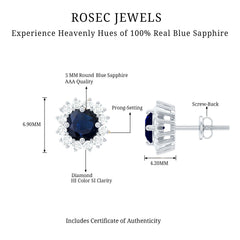 Genuine Blue Sapphire Diamond Earrings with Screw Back