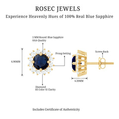 Genuine Blue Sapphire Diamond Earrings with Screw Back