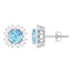 Certified Aquamarine and Diamond Halo Stud Earrings