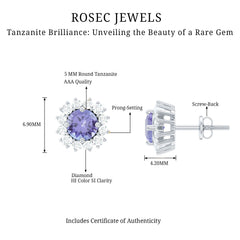 Natural 1 Carat Tanzanite Stud Earrings with Diamond Halo