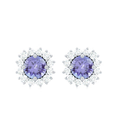 Natural 1 Carat Tanzanite Stud Earrings with Diamond Halo