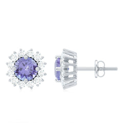 Natural 1 Carat Tanzanite Stud Earrings with Diamond Halo