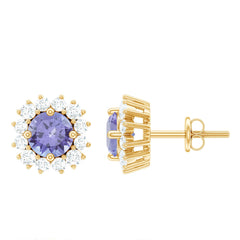 Natural 1 Carat Tanzanite Stud Earrings with Diamond Halo