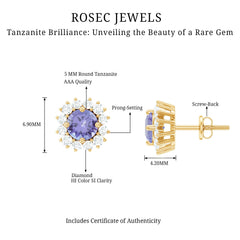 Natural 1 Carat Tanzanite Stud Earrings with Diamond Halo