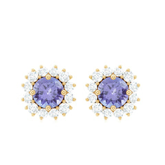 Natural 1 Carat Tanzanite Stud Earrings with Diamond Halo