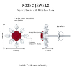 Natural Ruby Flower Stud Earrings with Diamond for Women