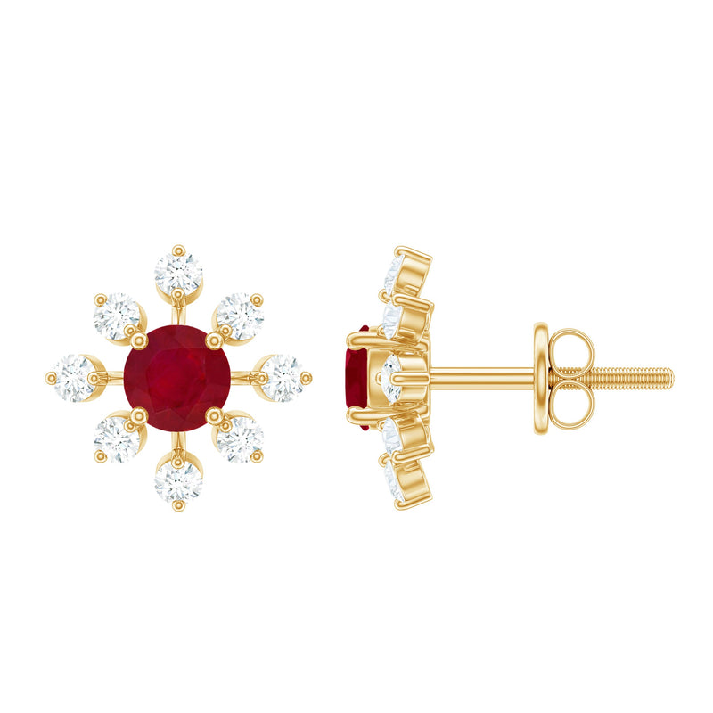 Natural Ruby Flower Stud Earrings with Diamond for Women