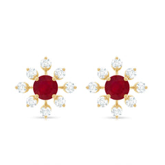 Natural Ruby Flower Stud Earrings with Diamond for Women