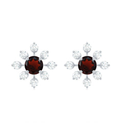 Natural Garnet and Diamond Flower Stud Earrings