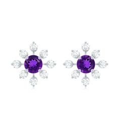 Natural Amethyst Diamond Snowflake Earrings with Screw Back
