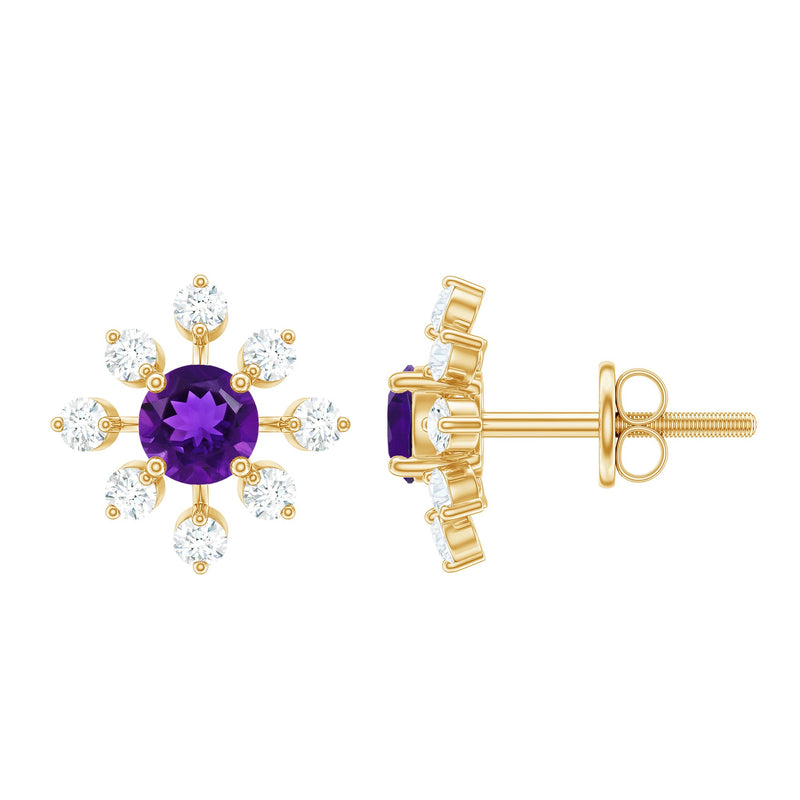 Natural Amethyst Diamond Snowflake Earrings with Screw Back