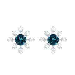 Genuine London Blue Topaz and Diamond Flower Stud Earrings