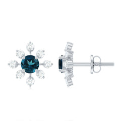 Genuine London Blue Topaz and Diamond Flower Stud Earrings