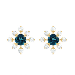 Genuine London Blue Topaz and Diamond Flower Stud Earrings