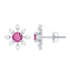 Natural Pink Tourmaline Flower Stud Earrings with Diamond