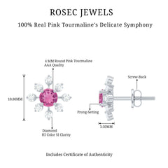 Natural Pink Tourmaline Flower Stud Earrings with Diamond