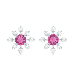 Natural Pink Tourmaline Flower Stud Earrings with Diamond