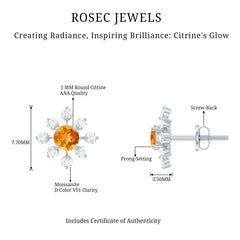 Certified Real Citrine Snowflake Earrings with Moissanite