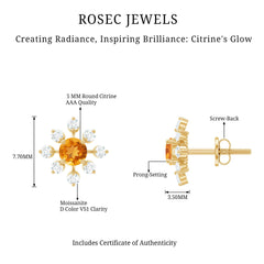 Certified Real Citrine Snowflake Earrings with Moissanite