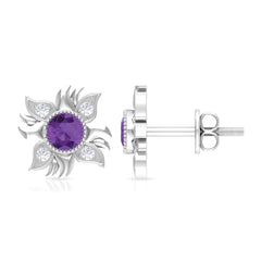 1/2 CT Round Shape Amethyst and Diamond Sunburst Stud Earrings