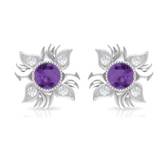1/2 CT Round Shape Amethyst and Diamond Sunburst Stud Earrings
