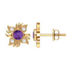 1/2 CT Round Shape Amethyst and Diamond Sunburst Stud Earrings