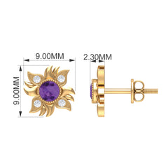 1/2 CT Round Shape Amethyst and Diamond Sunburst Stud Earrings