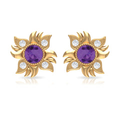 1/2 CT Round Shape Amethyst and Diamond Sunburst Stud Earrings
