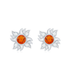 Genuine Fire Opal Sunburst Earrings with Diamond