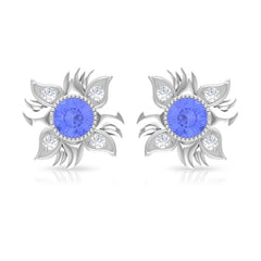 Round Shape Tanzanite and Diamond Sunburst Stud Earrings