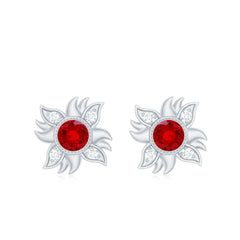 Bezel Set Lab Grown Ruby and Diamond Sunburst Stud Earrings