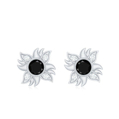 1/2 CT Round Shape Black Onyx and Diamond Sunburst Stud Earrings