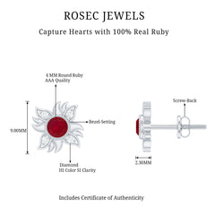 Real Ruby Diamond Sunburst Earrings with Screw Back