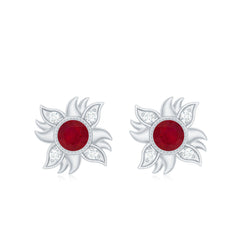 Real Ruby Diamond Sunburst Earrings with Screw Back