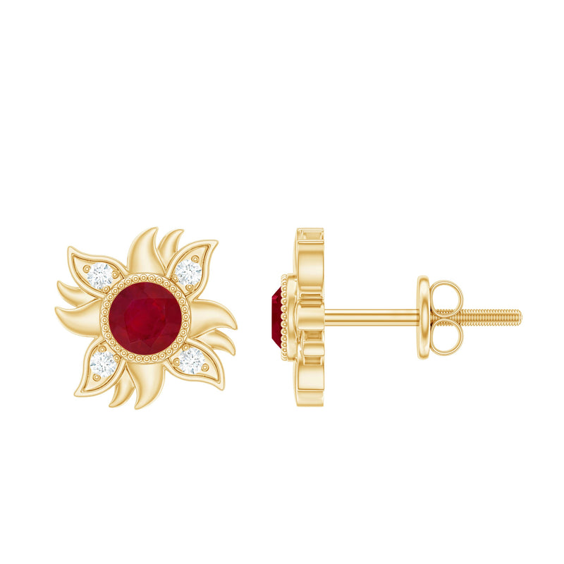 Real Ruby Diamond Sunburst Earrings with Screw Back