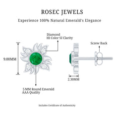 1 Carat Round Emerald and Diamond Sunburst Stud Earrings