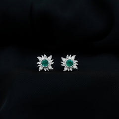 1 Carat Round Emerald and Diamond Sunburst Stud Earrings