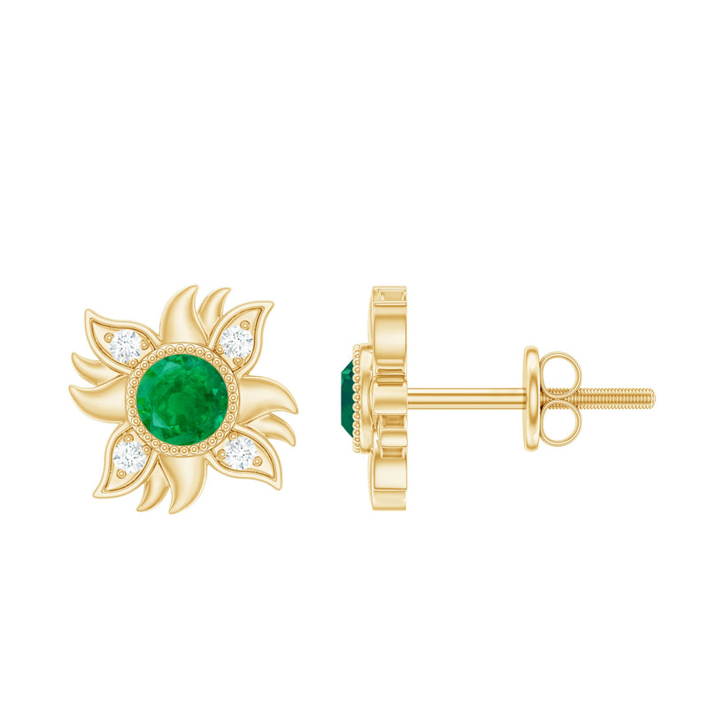 1 Carat Round Emerald and Diamond Sunburst Stud Earrings