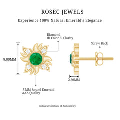 1 Carat Round Emerald and Diamond Sunburst Stud Earrings