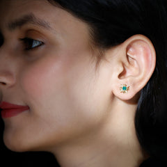 1 Carat Round Emerald and Diamond Sunburst Stud Earrings