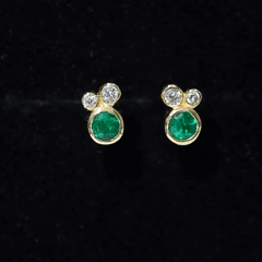 Real Emerald and Diamond Three Stone Stud Earrings