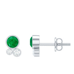 Real Emerald and Diamond Three Stone Stud Earrings