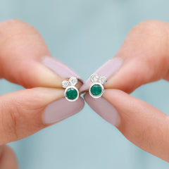 Real Emerald and Diamond Three Stone Stud Earrings