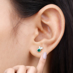 Real Emerald and Diamond Three Stone Stud Earrings